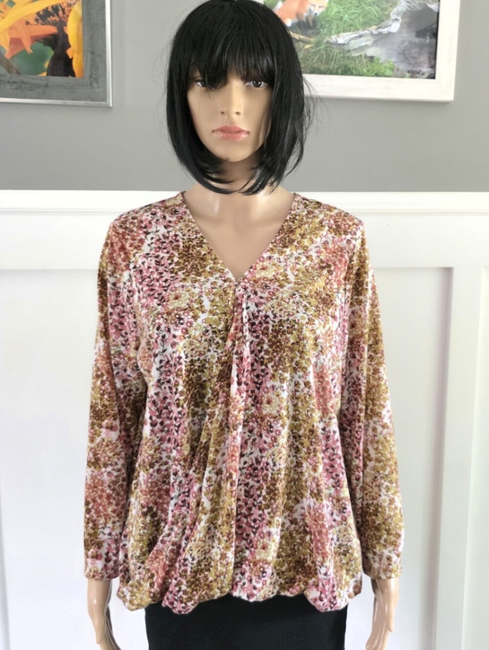 George Multicolor V-Neck Long Sleeves Top, Plus Size XXL